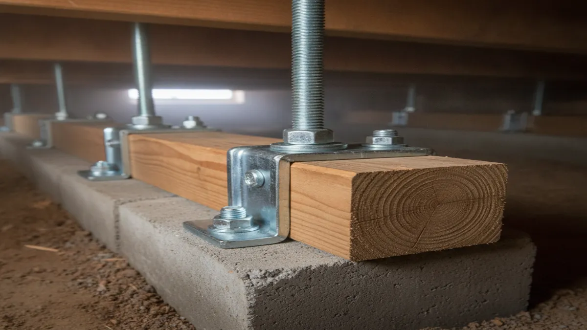 Galvanized steel anchor bolts and metal brackets fastening a wooden sill plate to a concrete foundation in a house crawlspace.