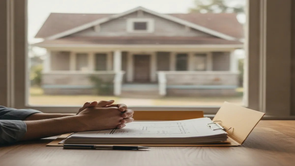A homeowner reviewing house insurance documents at a sunlit desk near an older California bungalow.