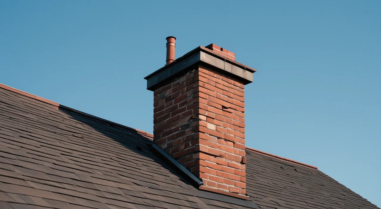 An unreinforced brick chimney rising above a shingle roofline against a clear sky.