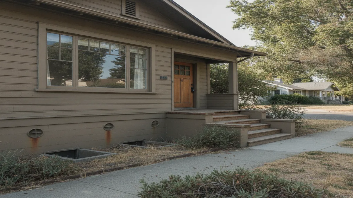Exterior of an older California raised-foundation bungalow with a low cripple wall and foundation vents at its base.