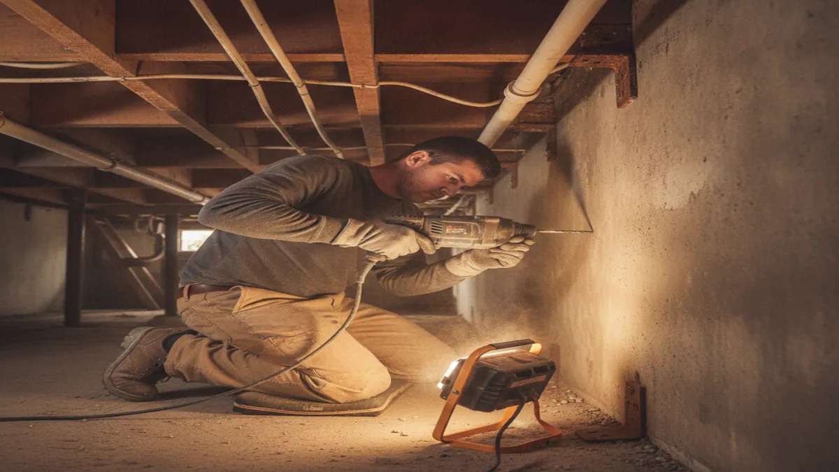 A contractor in a crawlspace drilling a foundation anchor bolt into concrete during a brace-and-bolt retrofit.
