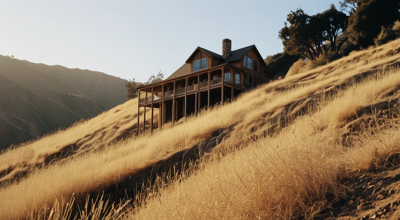 A wood-framed house on a steep hillside supported by tall posts, seen from below against the slope.