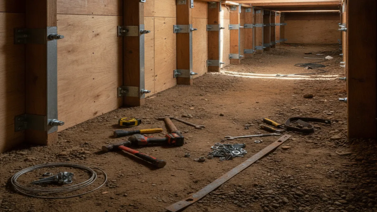 A house crawlspace mid-retrofit with new plywood shear panels and metal bracing installed along the cripple wall.