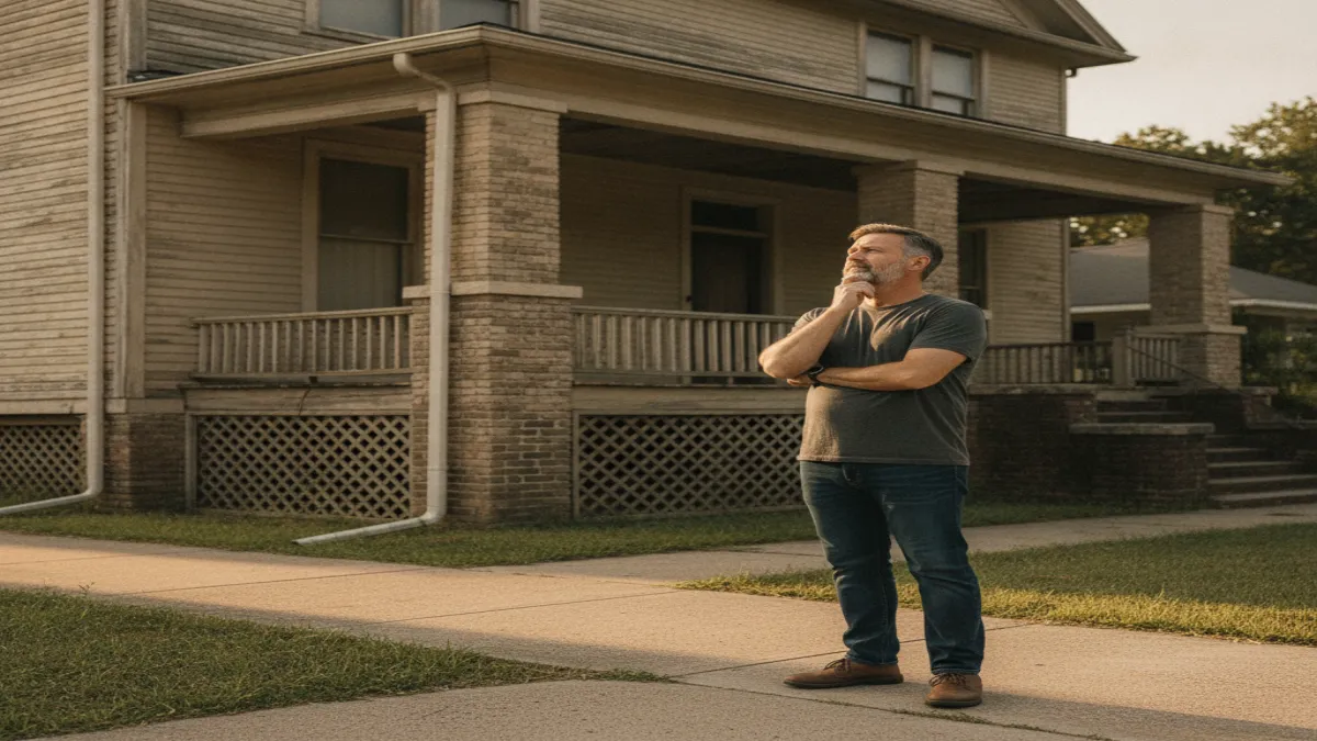 A homeowner on the sidewalk looking up thoughtfully at their older raised-foundation house.