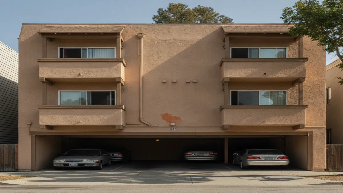 A California soft-story apartment building with ground-floor tuck-under parking beneath the living units.