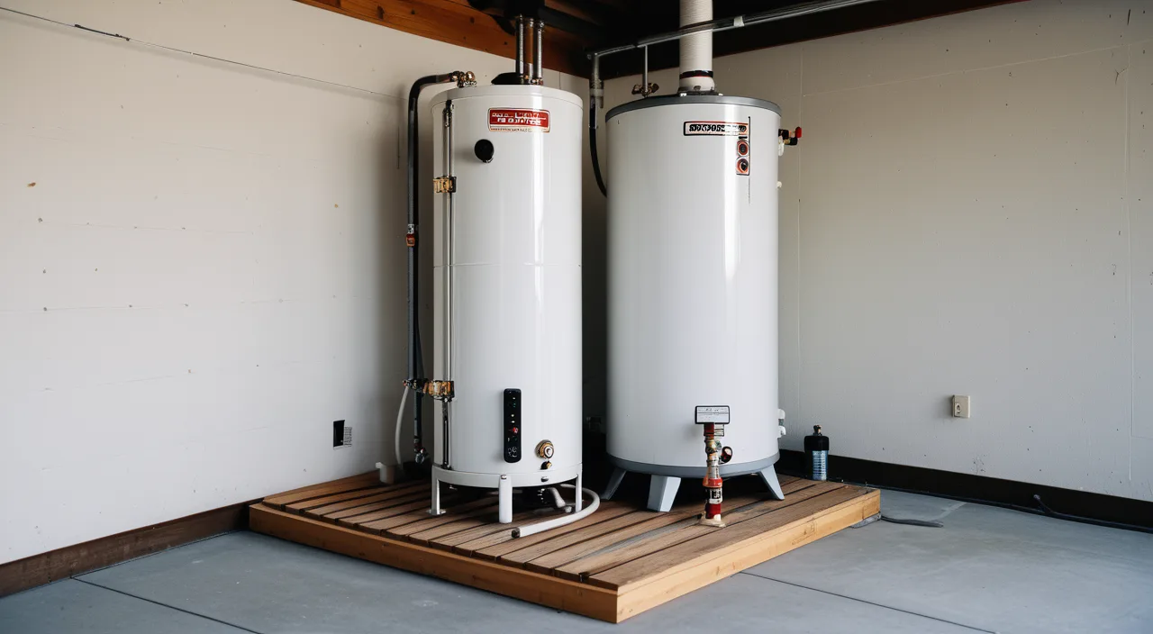 Residential water heaters standing on a wooden platform in a garage, before seismic strapping.